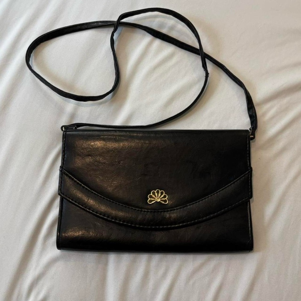 Black Leather Crossbody‎ to Clutch Purse Convertible Gold Half Flower Detail 90s
